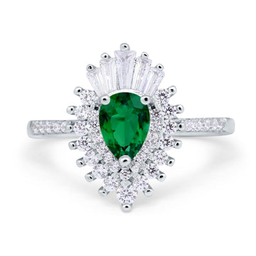 Art Deco Teardrop Pear Wedding Ring Simulated Green Emerald CZ 925 Sterling Silver
